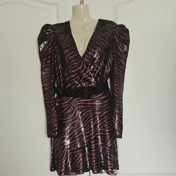 Michael Kors Sequins Pink and Black V-Neck Puff Sleeve Dress - Picture 1 of 16